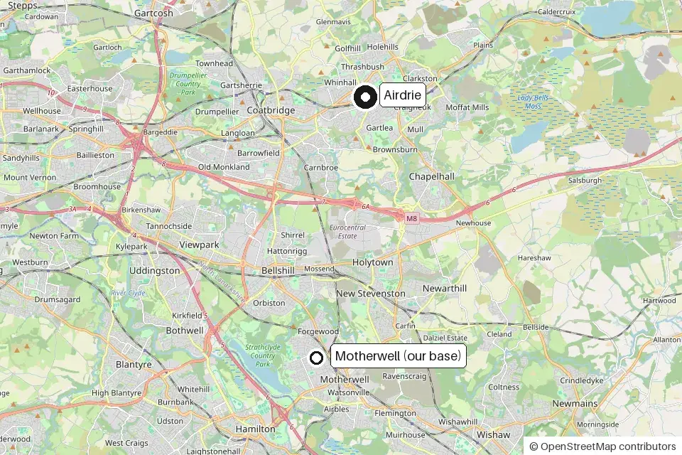 Map showing Airdrie and the EliteShine base in Motherwell, to the south