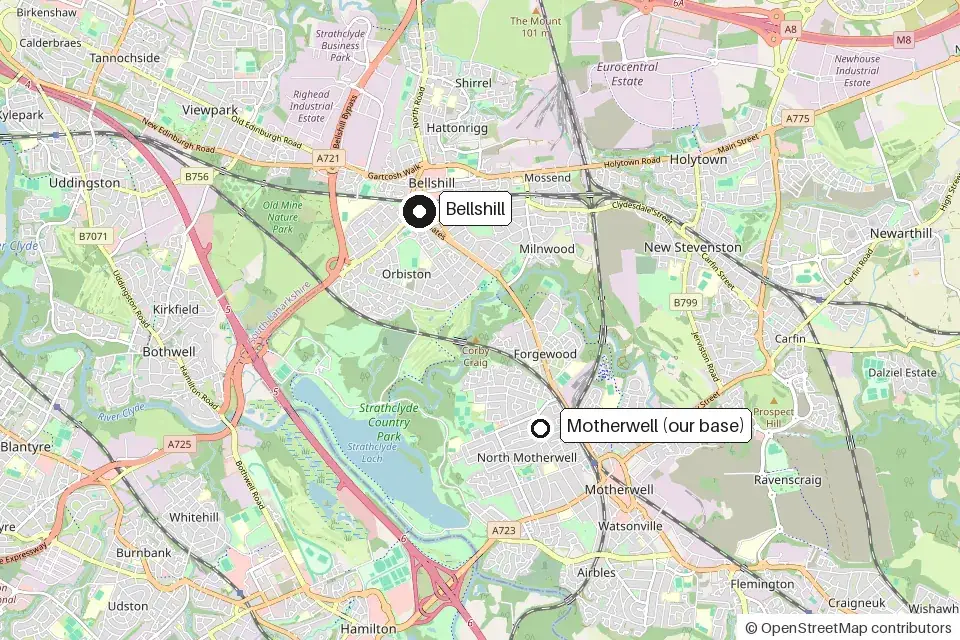 Map showing Bellshill and the EliteShine base in Motherwell, a few minutes to the south