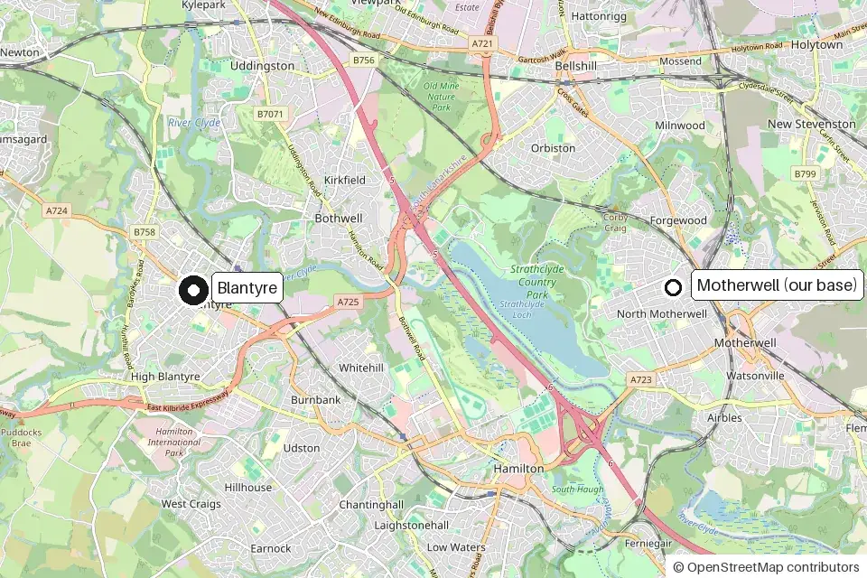 Map showing Blantyre and the EliteShine base in Motherwell, across the Clyde