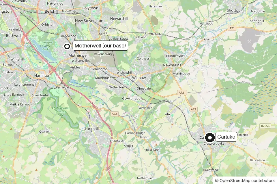 Map showing Carluke and the EliteShine base in Motherwell, to the north-west