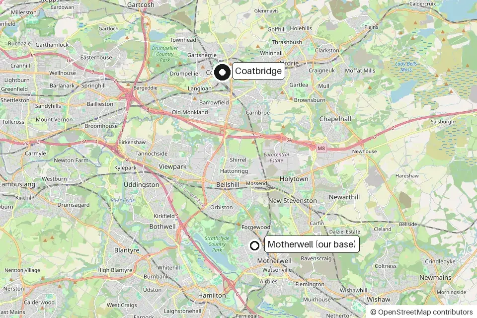 Map showing Coatbridge and the EliteShine base in Motherwell, to the south-east