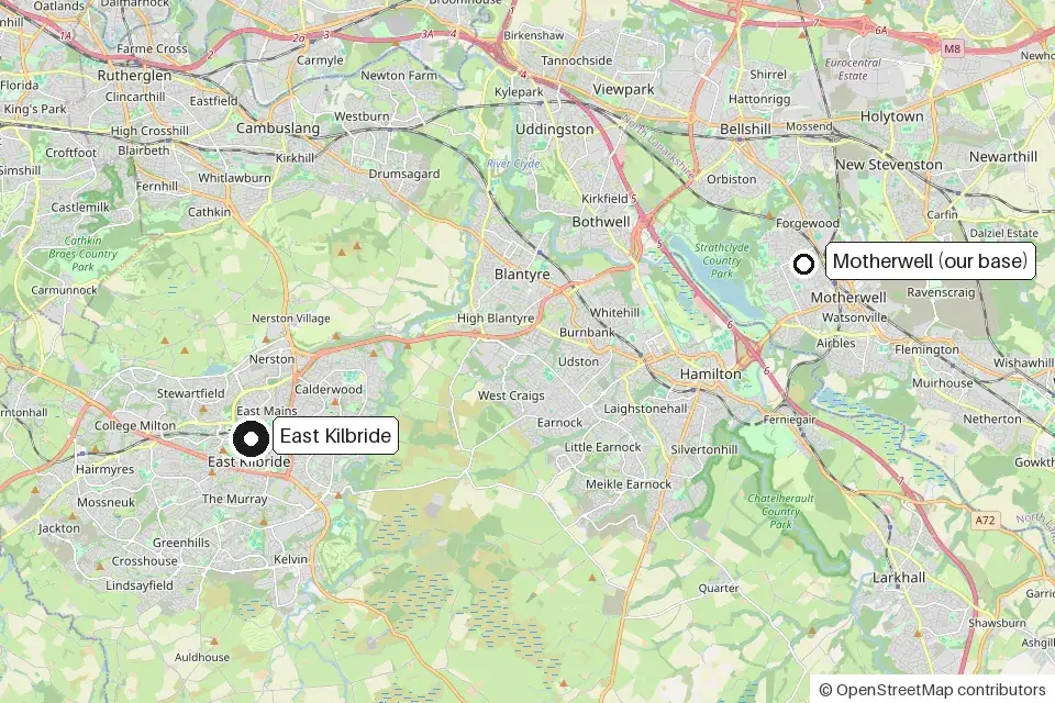 Map showing East Kilbride and the EliteShine base in Motherwell, about 25 minutes away
