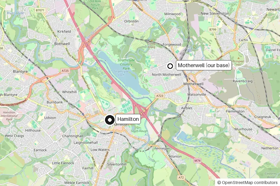 Map showing Hamilton and the EliteShine base in Motherwell, across the River Clyde