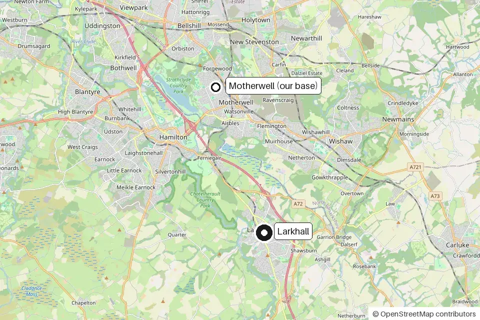 Map showing Larkhall and the EliteShine base in Motherwell, to the north
