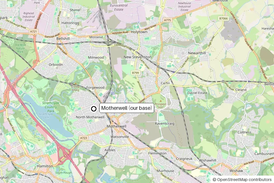 Map of Motherwell and the ML1 villages around it, with the EliteShine base marked