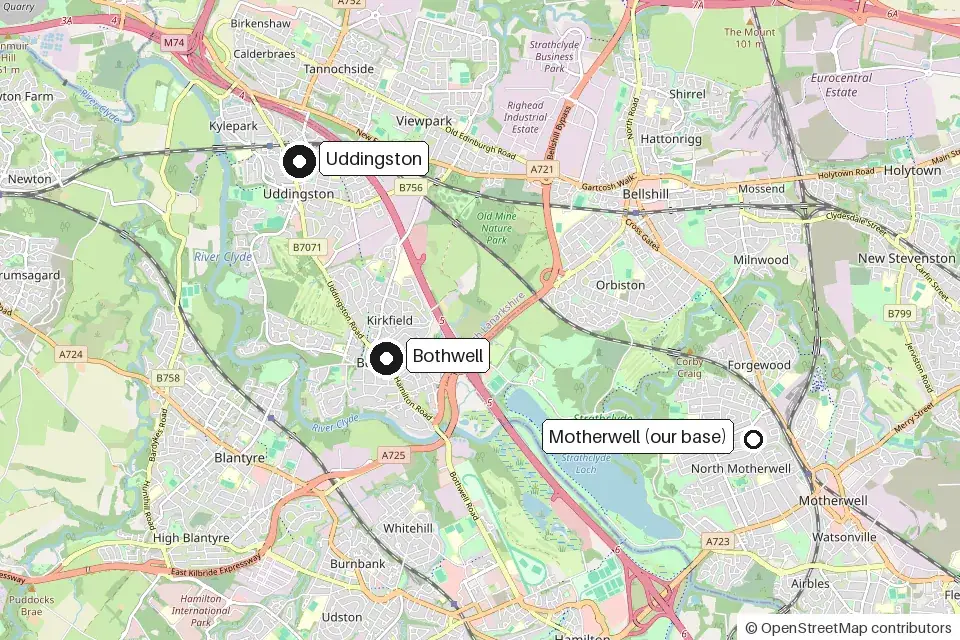 Map showing Uddingston, Bothwell and the EliteShine base in Motherwell, to the east