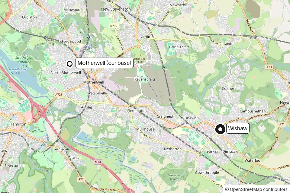 Map showing Wishaw and the EliteShine base in Motherwell, next to each other